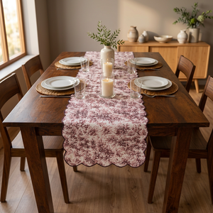Chemin de table vintage en lin à motifs floraux avec bord festonné pour la décoration de table à manger, linge de table décoratif avec bordure à franges - Product Image 4