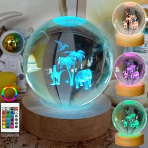 Lampe boule de cristal gravée au laser 3D de 8cm, veilleuse boule de dinosaure en cristal de <span class=keywords><strong>16</strong></span> couleurs avec base en bois et télécommande - Product Image 1