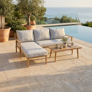 Ensemble <span class=keywords><strong>de</strong></span> canapés d'extérieur en <span class=keywords><strong>aluminium</strong></span> finition teck, mobilier <span class=keywords><strong>de</strong></span> <span class=keywords><strong>salon</strong></span> sectionnel moderne en forme <span class=keywords><strong>de</strong></span> L avec table basse pour villa et parc - Product Image 1