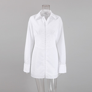 Abito chemisier elegante primaverile da donna, stile europeo-americano, a <span class=keywords><strong>maniche</strong></span> <span class=keywords><strong>lunghe</strong></span>, <span class=keywords><strong>bianco</strong></span> vintage, slim fit, a vita alta, con inserti - Product Image 5