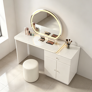Tocador de maquillaje moderno blanco con espejo LED redondo, gabinete de almacenamiento con superficie de mármol y taburete, mesa de tocador para dormitorio - Product Image 4