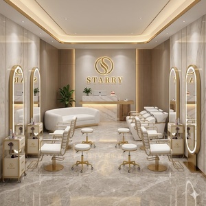 Sillón de Barbero Profesional Americano Ajustable con Efecto Madera y Dorado, Espejo LED Arqueado, Unidades de Lavacabezas y Silla de Belleza Completa para Salón - Product Image 1
