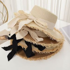 Xi Boyu Sombrero de paja deshilachado de copa plana con lazo y ala ancha, sombrero de protección solar para playa de verano para mujer, color sólido - Product Image 2
