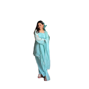 Ensemble Salwar Kameez en soie froissée pour femme, Kurti à manches longues, pantalon palazzo à jambes larges, tenue ethnique traditionnelle - Product Image 5