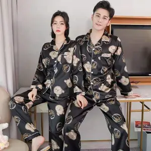 Long Autumn Couple Pajamas Silk PajamasためCouples Sleepwear Family Pijama Lover Night Suit Men & Women Casual Home Clothing