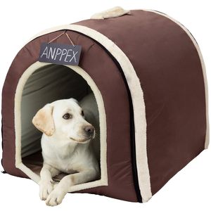 Large Indoor <b>Dog</b> House With Insulated Igloo Design Washable Brown Covered <b>Bed</b> for <b>Medium</b> <b>Dogs</b> Made Plush PP Material - Product Image 1