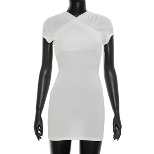 Viviblook J26DS205 Vestidos de verano para mujer, nuevo vestido ajustado mini sin espalda con cuello cruzado en V y manga corta de color sólido para damas - Product Image 1