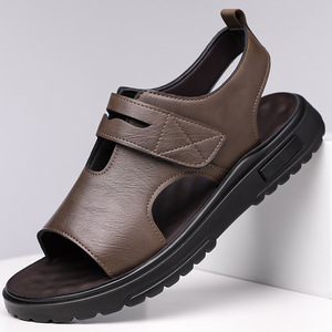Sandalias de hombre con correa en T, de cuero genuino, punta abierta, con cierre de velcro, casuales, transpirables, para verano, con suela de goma. - Product Image 4