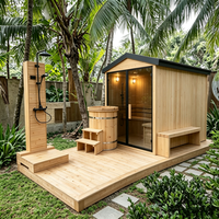Promotion : Sauna extérieur en bois pour jardin, cabine de sauna domestique en hemlock avec porte vitrée, colonne de douche et baignoire de trempage froid