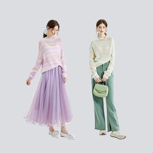 Spring and Autumn Classic Women's Round Neck <strong>Woolen</strong> Sweater New Gradient Shoulder Long Knitted <strong>Top</strong> - Product Image 2