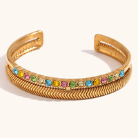 Dames armband met dubbele laag, zirkoon-ingelegd fruitpatroon, open manchet, roestvrij staal, verguld, vintage cadeau sieraden