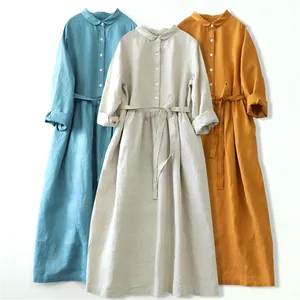 High quality custom plus size baggy summer 100% breathable button design girls women pure linen casual dress for lady