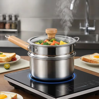 Professioneller Edelstahl-Kochtopf mit Holzgriff und Deckel, Robuster Milchtopf und Dampfgarer-Set, Induktionsgeeignet für Restaurants