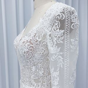 Vestido de novia estilo sirena mangas largas drapeado flor volante decoraciones capilla para madre novia HX43 - Product Image 3