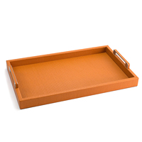 Plateau de service empilable à un niveau en cuir PU tressé orange personnalisé, moderne, luxueux et durable, avec poignées, pour l'organisation de la maison et de la cuisine