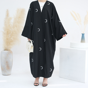 Abaya ouverte brodée motif lune, Abaya traditionnelle musulmane, Vêtement islamique, Abaya ouverte, Vêtement islamique, Vêtement musulman en lin pour l'Aïd - Product Image 5