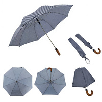 Parapluie pliant semi-automatique à 8 baleines, à ouverture ventilée, motif Gingham bleu et blanc, avec logo personnalisé, finition aspect bois marron, cadeau d'entreprise haut de gamme