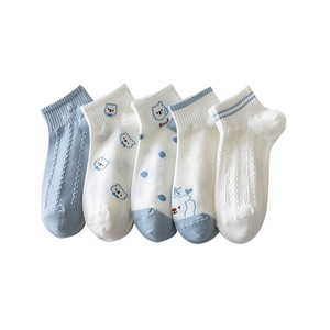 Women's Cartoon Ankle Socks White Blue Bear Pattern Breathable Summer Casual Socks - Product Image 5
