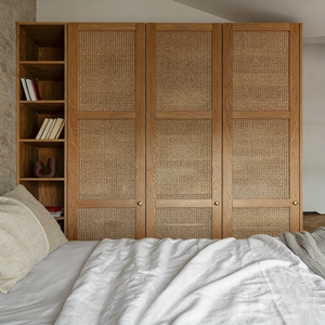 Série de meubles de chambre à coucher en bois brun clair/foncé, rotin naturel + bois massif, style rétro Nanyang, armoire, meilleur prix - Product Image 1