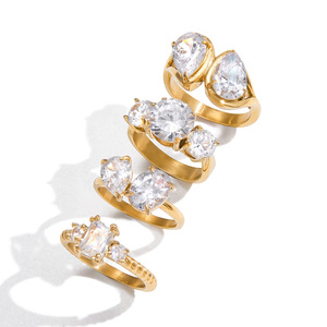 Bague en acier inoxydable plaqué or 18 carats avec zircon blanc, forme géométrique goutte d'eau, sertie à griffes, bijou unisexe pour fiançailles - Product Image 5
