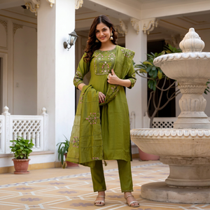 Ensemble Kurta vert olive pour femme avec dupatta brodée et pantalon droit, tenue ethnique indienne pakistanaise - Product Image 1