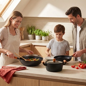 Ensemble de <span class=keywords><strong>casseroles</strong></span> et poêles en fer noir, 5 pièces, avec couvercle en verre, wok, faitout et poêle à frire, manche en bois, pour la cuisine - Product Image 2