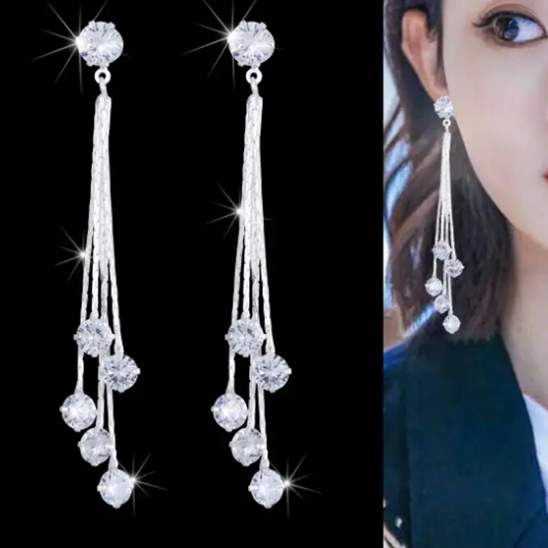 00049-1 Japanese and Korean fashion new style elegant and simple long diamond round bead tassel earrings