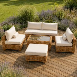 Modern <b>Outdoor</b> <b>Rattan</b> <b>Sofa</b> Set With White Cushions Waterproof PE Wicker Garden Furniture Contemporary Design - Product Image 1