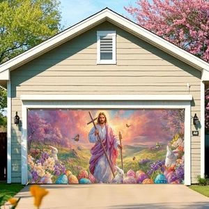 Bannière <span class=keywords><strong>de</strong></span> porte <span class=keywords><strong>de</strong></span> garage Joyeuses Pâques Jésus et les œufs avec fleurs, pour la maison, l'église, la décoration <span class=keywords><strong>de</strong></span> printemps - Product Image 1
