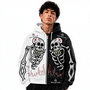Sweat-shirt à capuche zippé pour homme, style gothique, noir et blanc, squelette, broderie strass, streetwear, mode - Product Image 1