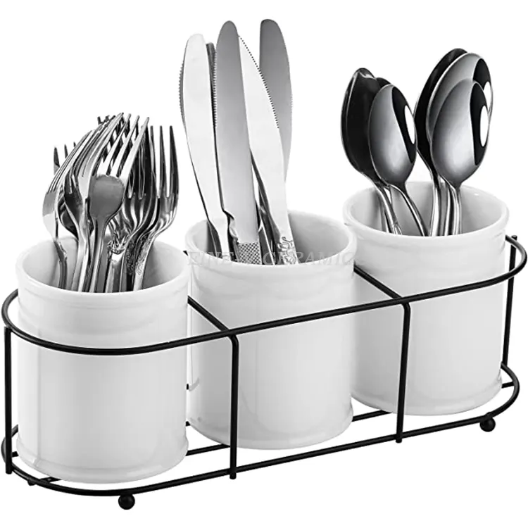 Utensil Holder Flatware Cutlery Storage Organizer for Kitchen Cabinet or Pantry 3pcs Ceramic silverware caddy with Metal Rack