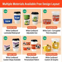 Manchon en carton ondulé personnalisé avec logo pour gobelets jetables de thé au lait et café, boissons chaudes/froides, compatible avec les cartes de visite