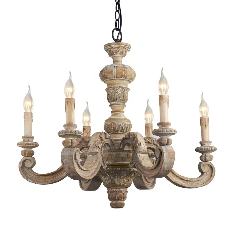 Factory direct supply vintage 6-light antique wood chandelier lighting for dining room