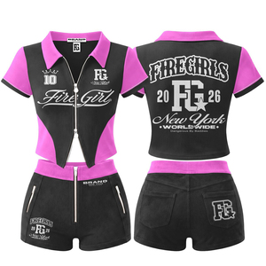 Ensemble décontracté deux pièces en coton et polyester pour femme, haut court polo personnalisé et short moulant avec fermeture éclair, confortable et assorti pour l'été - Product Image 6