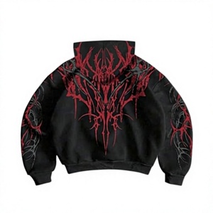 Men's Gothic <b>Zip</b>-Up <b>Hoodie</b> <b>Black</b> Red Tribal Print Fleece Regular Fit Autumn Wear - Product Image 2
