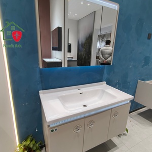 Mueble de Baño Blanco Estilo Francés, Gabinete de Tres Puertas, Tablero de Melamina con Acabado Lacado, Espejo de Pared, Lavabo de Cerámica Azul - Product Image 4