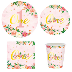 Ensembles de fournitures pour fête d'anniversaire de 1 an, assiettes en papier rose à bordure fleurie, gobelets pour l'anniversaire d'une fille - Product Image 5