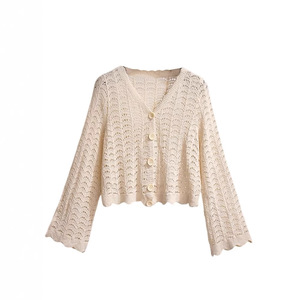 Cárdigan de punto para mujer con manga acampanada hueca, cuello en V, holgado, manga larga, transpirable, de ganchillo, camisa de protección solar - Product Image 3