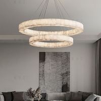 Lustre moderne de luxe à deux niveaux en albâtre, anneau en marbre naturel et calcite, suspension LED lumière blanc chaud, hauteur réglable, acier
