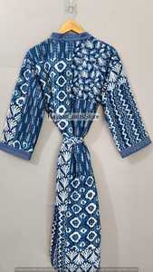 Bata Kimono Azul Acolchada Estampada de Manga Tres Cuartos con Cuello en V para Mujer, Ropa de Dormir Casual Tejida para Primavera - Product Image 3