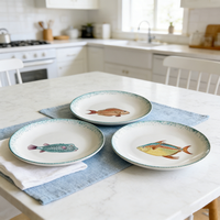 Assiettes rondes en céramique de 8 et 10 pouces, série Océan d'été, bord vert réactif, motif poisson personnalisé, pour hôtels et restaurants, assiettes à dîner et à steak