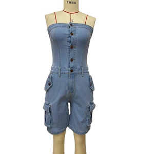 Tuta in denim da <span class=keywords><strong>donna</strong></span> alla moda primaverile a vita alta, tinta unita, senza maniche, con tasche, stile cargo casual, intera - Product Image 1