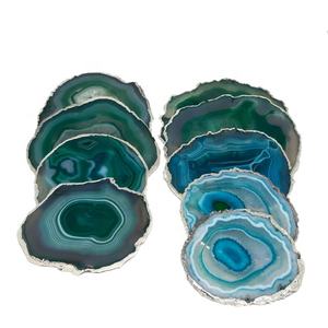 Wholesale Sier Plated Green Agate Slice <b>Coasters</b> Natural Quartz <b>Crystal</b> Tabletop Decorations Feng Shui Mascot Gemstone Stone - Product Image 3