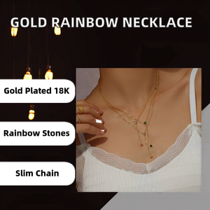 Collier chaîne à maillons en acier inoxydable plaqué or 18 carats pour femmes, avec zircon cubique arc-en-ciel - Product Image 2
