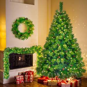 Db 6 Ft Pre Lit <b>Christmas</b> Tree Artificial Pine Warm White Led <b>Lights</b> Indoor Standing Tree With Wreath And Garland Set - Product Image 5