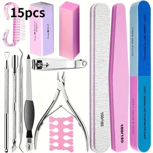 10/15pcs Professional <b>Nail</b> Art <b>Kit</b> with 100/180 Grit Files,Buffer Sponge,Scissors,Cuticle Nippers & Pushers - Gel Polish Tools - Product Image 1