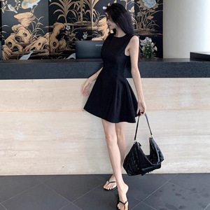 Sleeveless Vest Dress Women 2025 Summer Elegant <b>Thin</b> Fabric <b>Tight</b> Waist A Line Short Skirt Solid Color Breathable Daily Wear - Product Image 2