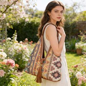 新款上市复古阿兹特克女牛仔几何印花提花流苏手提包女式时尚磁性冬季 - Product Image 1