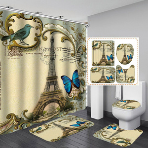 4Pcs Paris Tour Eiffel Rideau de <span class=keywords><strong>Douche</strong></span> Set de Salle de Bain Décor avec Tapis Antidérapant Tapis de Bain en Forme de U Couvercle de Toilette Imperméable - Product Image 6