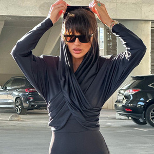 New Fasonable Slim Fit Tsrt Long Sleeved <b>Cross</b> Tie Ooded Crop <b>Top</b> Wit Digital Printing Casual Style - Product Image 1
